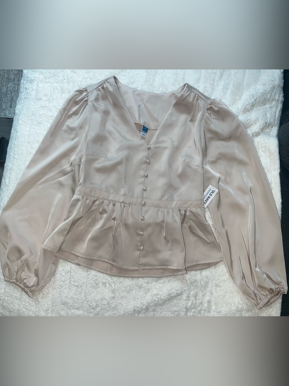 Light Beige  Satin Peplum Blouse - Women Tops